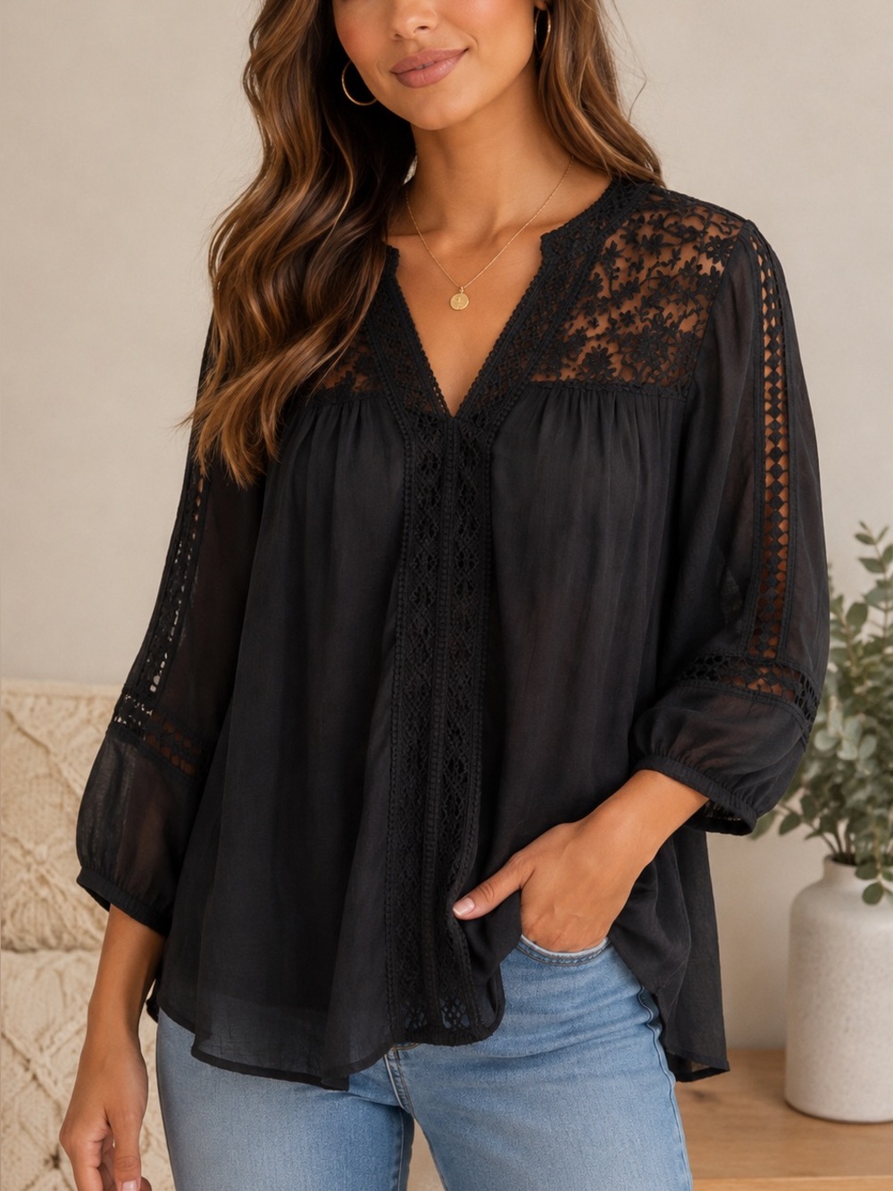 Style & Co. Black Lace-Trim V-Neck Blouse